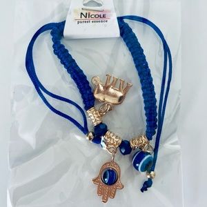 NWT 🧿Blue/Gold Evil Eye, Hamsa Hand & Good Luck Elephant Charm Adjust Bracelet